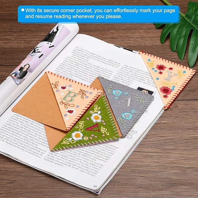PATIKIL Personalized Embroidered Corner Bookmark, Cute Flower Felt Stitched Triangle Book Mark Page Marker for Women Men Book Lovers Teachers, Pink, Letter O