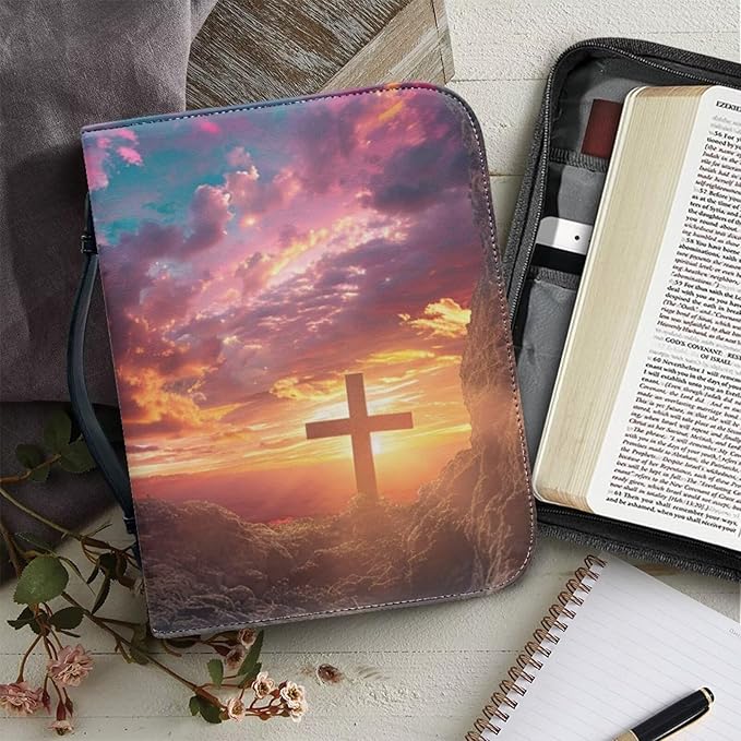 Lotusorchid Bible Book Cover for Women, Cross Print Bible Cover Case Sturdy Zippered Bible Carrying Case with Handle Pocket Portable Bible Bag for Bible Study, Pink, M