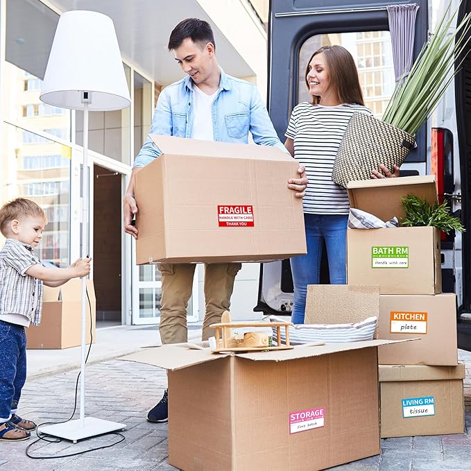 340 Home Moving Labels, 3.4 x 2 inches, 8-Color Coded Packing Box Stickers with Fragile and Blank Customizable Labels
