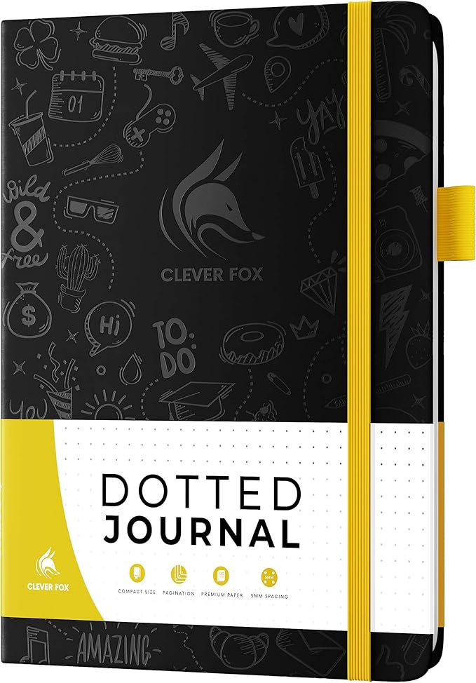 Clever Fox Dotted Journal 2.0 – Compact Planning and Sketching Dot Grid Notebook 120 GSM Thick, No-Bleed Paper – Planner with Pen Loop, Pocket, Ribbons, Stickers A5 - Black
