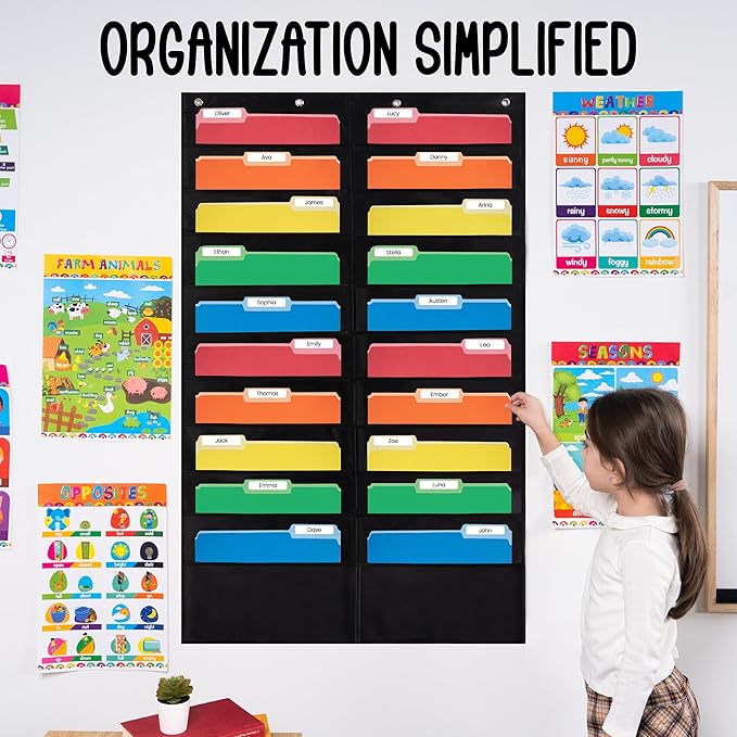 20 Pocket File Pocket Chart, Black, 28" Wide x 46" Tall - Versatile Wall Hanging File Folder Organizer for Classroom, Office, Home, and More - Wall Folder Organizer - 20 Pockets