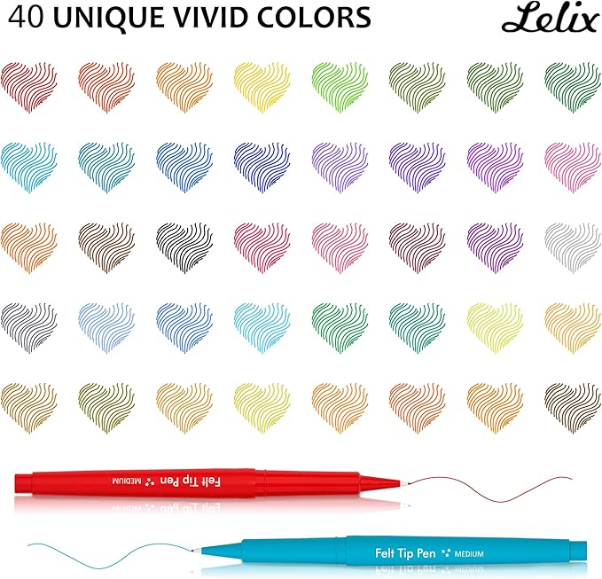 Lelix 40 Colors Felt Tip Pens, Medium Point Felt Pens, Assorted Colors Markers Pens For Journaling, Writing, Note Taking, Planner Coloring, Perfect as Art Office and School Supplies