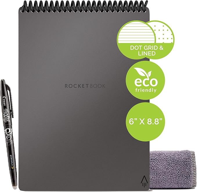 Rocketbook Smart Reusable Notebook, Flip Executive Size Spiral Notebook, Gray, (6" x 8.8"")