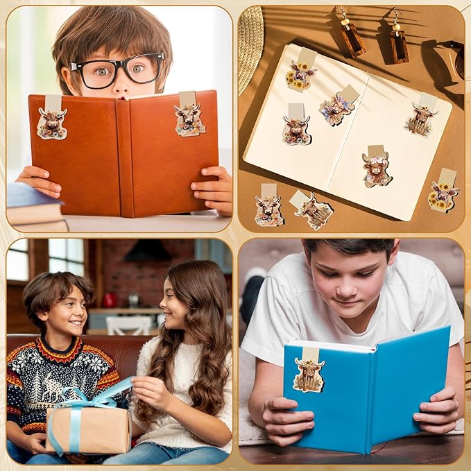 Highland Cow Magnetic Bookmark - 12 Pcs Funny Animal Bookmarks Magnetic Floral Book Mark Magnets Cute Cow Magnets Bookmark Page Clip Gift for Book Lovers Students Teacher Reading Book Marks