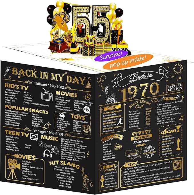 55th Birthday Card for Men Women, 3D Pop Up 55th Birthday Gifts Cards for Him Her, Back In 1970 Funny 55 Year Old Birthday Decorations