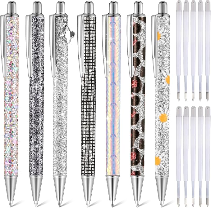 Sherr 7 Pcs Fancy Pens for Women Cute Sparkly Glitter Pens with 10 Pcs Black Ink Refills Pretty Gifts for Girls Office School Christmas Graduation(Silver,Bright)