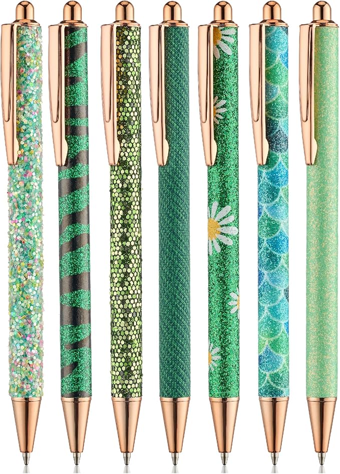 Mr. Pen- Fancy Pens for Women, Emerald Enchantment, 7 Black Ink Ballpoint Pens with 10 Refills, 1.0mm, Glitter Cute Pens for Journaling, Sparkly Fancy Pen, Easter Gift