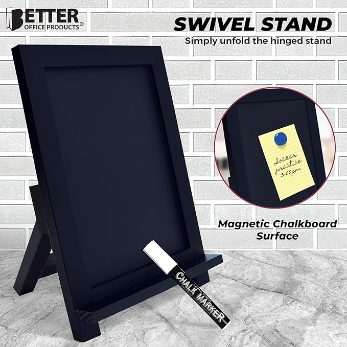 Framed Tabletop Chalkboard Sign, 9.5" x 14", Rustic Wood Frame, Small Magnetic Chalkboard with Built-in Ledge, Folding Stand, & One White Chalk Marker, by Better Office Products (Solid Black)