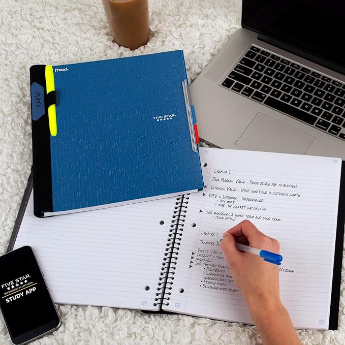Five Star Advance Spiral Notebook + Study App, 3 Subject, College Ruled Paper, 8-1/2" x 11", 150 Sheets, Spiral Guard, Movable Tabbed Dividers and Pockets, Blue (73138)