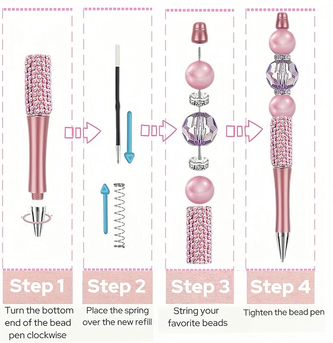 48Pcs Pearl & Diamond Beadable Pens bulk Multicolor Retractable Writing Pens Plastic Black Ink Bead Pens Ballpoint Pens Pen Making Kit DIY Pens