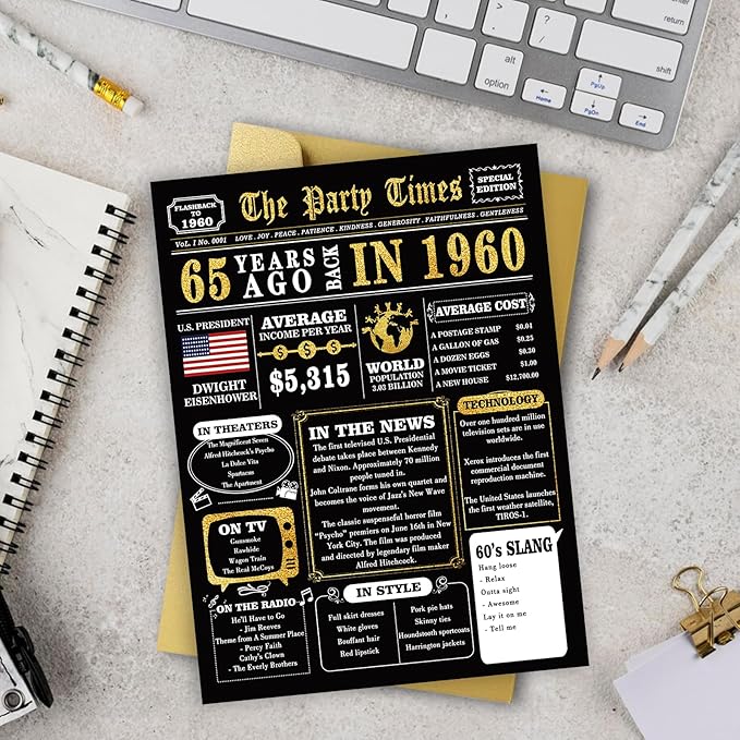 Big 65th Birthday Card for Women Men, Jumbo 65th Birthday Gift for Mom Dad, Unique 65 Year Old Bday Gifts Cards for Grandma Grandpa, Vintage Black Gold 65 Birthday Party Decoration