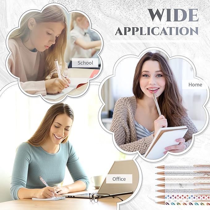 Sherr 7 Pcs Fancy Pens for Women Cute Sparkly Glitter Pens with 10 Pcs Black Ink Refills Pretty Gifts for Girls Office School Christmas Graduation(White,Novel)