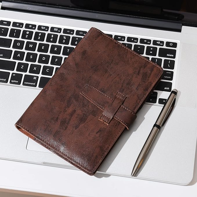 Wonderpool Leather Journal Refillable Binder A6 Writing Notebook Folder Organiser with Dotted Paper & Multi Pockets Cover for Business School Travel (A6, Coffee)