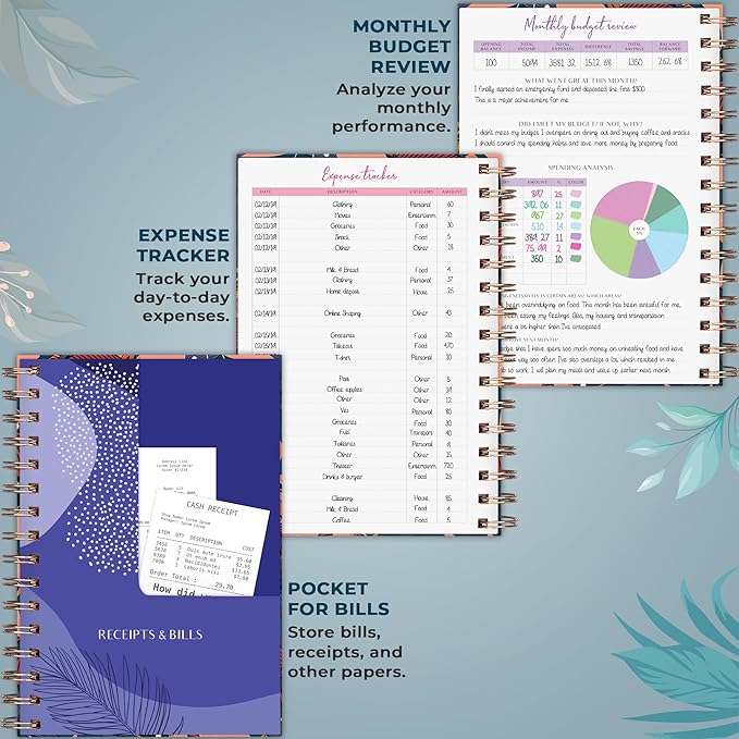 PLANBERRY Budget Planner & Monthly Bill Organizer with Pockets Premium – Home Finance & Bill Payment Organizer – Budgeting Book with Income & Expense Tracker - 7x8.5″ Hardcover (Tropical Night)