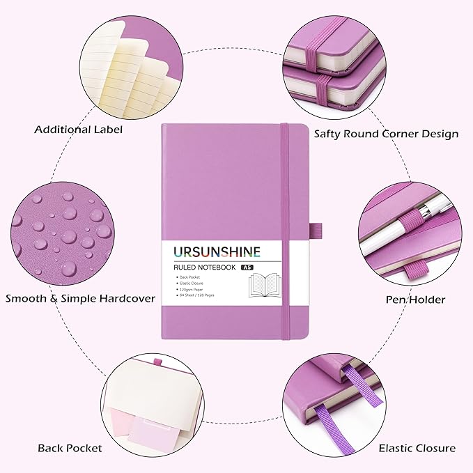 Ruled Notebook/Journal - Classic Lined Journal/Notebook, 5.3'' x 8.26'', Hardcover with Thick Paper, Banded + Pen Holder +Inner Pocket - Macaron Purple