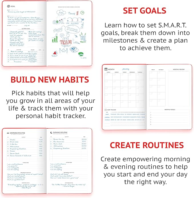 Pro - Goal Setting Planner to Increase Productivity and Achieve Personal and Business Goals. 12 Month Undated Daily, Weekly and Monthly Journal Organizer with Calendar (Red)