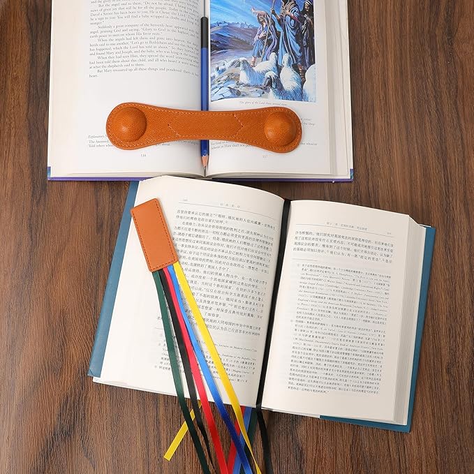 KINIVA Leather Weighted Bookmarks Book Weight Page Holder for Reading,Book Open Holder for Kids Adult,Gifts for Reader (01 Weighted Bookmark+13 Ribbon Bookmark Camel)