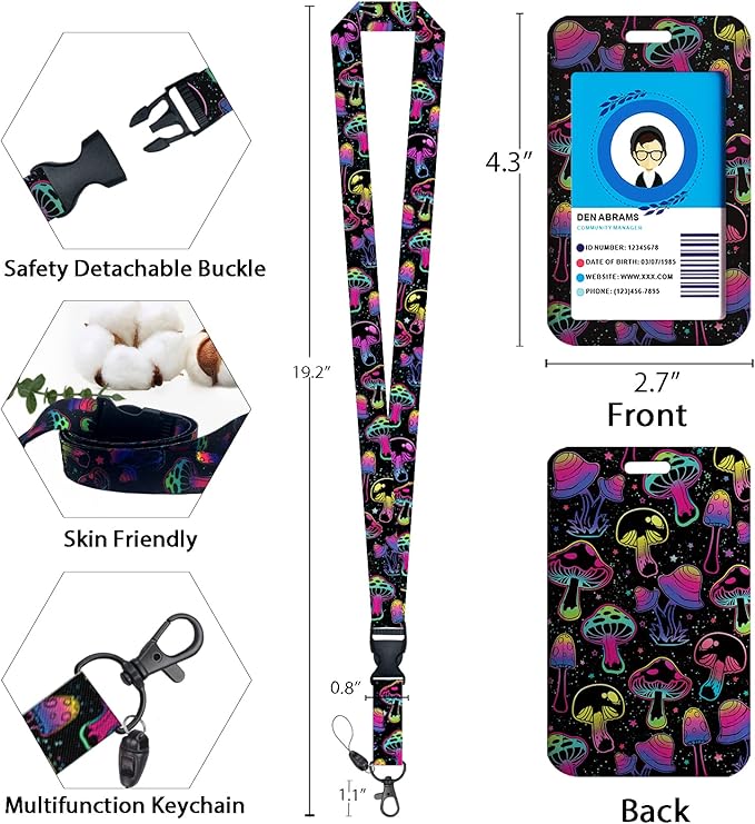 Teacher Lanyards for ID Badges and Keys, Retractable ID Badge Holder with Lanyard, Cute Mushroom Badge Reel Heavy Duty with 360 Degrees Rotate Carabiner Clip, Nurse Student Office Gifts