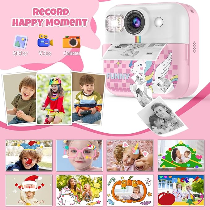 Kids Camera,Toddler Camera Instant Print Toys,1080P Children Printable Camera,Pink Selfie Camera Christmas Birthday Gifts for Girls Boys Age 3-10 with 3 Roller Photo Paper