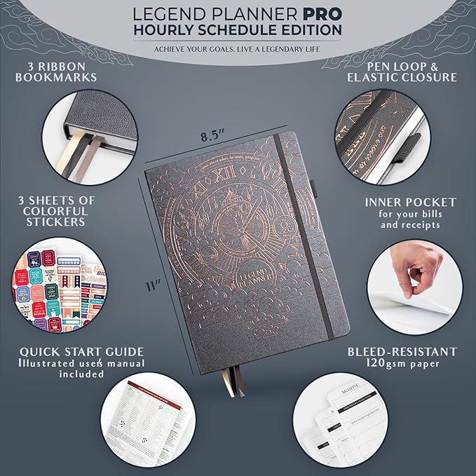Legend Planner PRO Hourly Schedule - Weekly & Daily Organizer with Time Slots. Appointment Book Journal for Work & Personal, A4 (Mystic Grey)