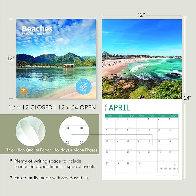 2025 Beaches Monthly Wall Calendar by Bright Day, Includes Over 300 Stickers, 12 x 12 Inch