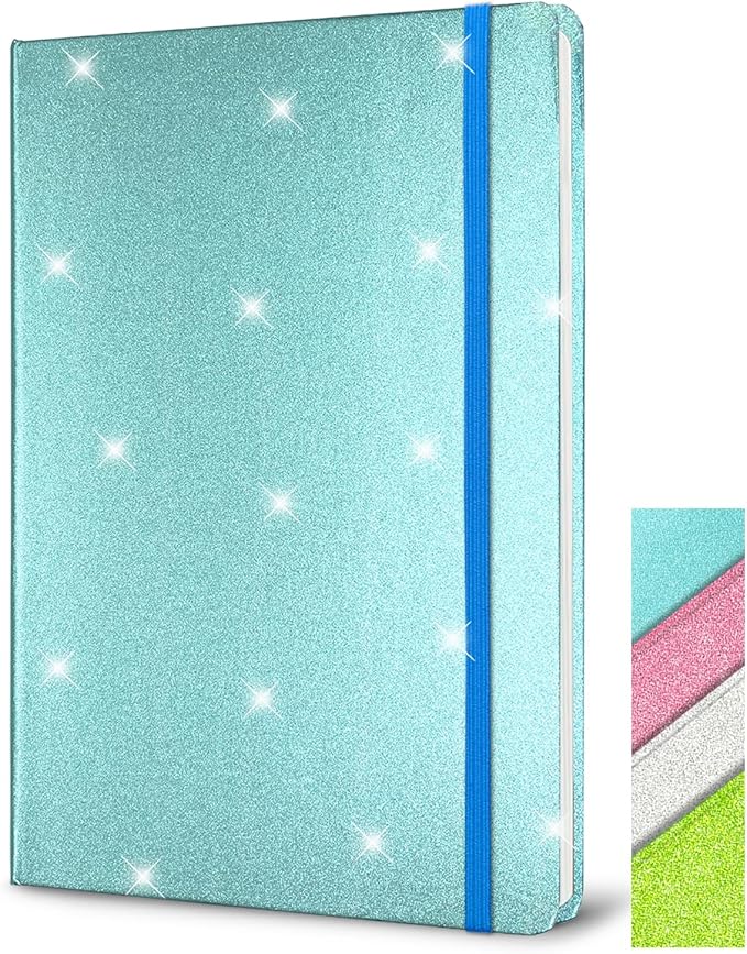 Blue Glitter Notebook, 8.3x5.7” 160 Lined Pages Glitter Never Peel Off Sparkle Journal for Girls College Ruled A5 Hardcover Notebooks for Teens Women Writing Note Taking Office Work School Gifts