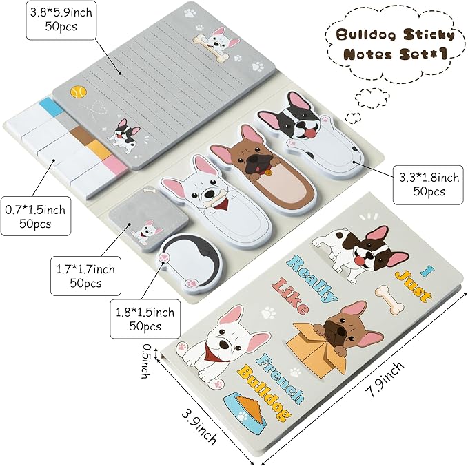 I Just Really Like French Bulldog Sticky Notes Set, 550 Sheets, Cartoon Bulldog Self-Stick Notes Pads Animal Divider Tabs Bundle Writing Memo Pads Page Marker Back to School Office Supplies