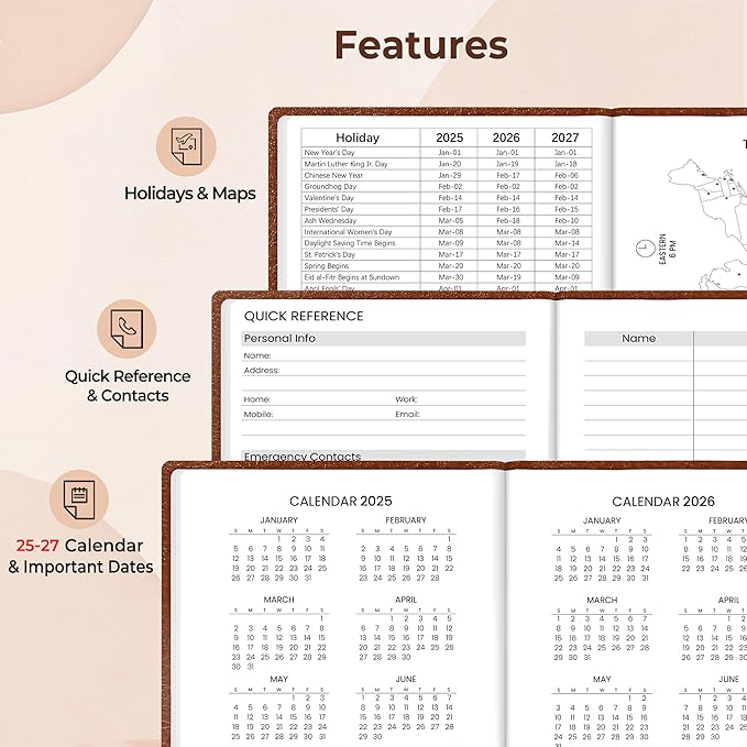 SUNEE 2025 Pocket Weekly Planner for Purse 3.5" x 6" - 12 Month (January 2025 - December 2025), Pocket Size Planner, Hardcover, Notes, Pocket, 100 GSM Paper, Brown