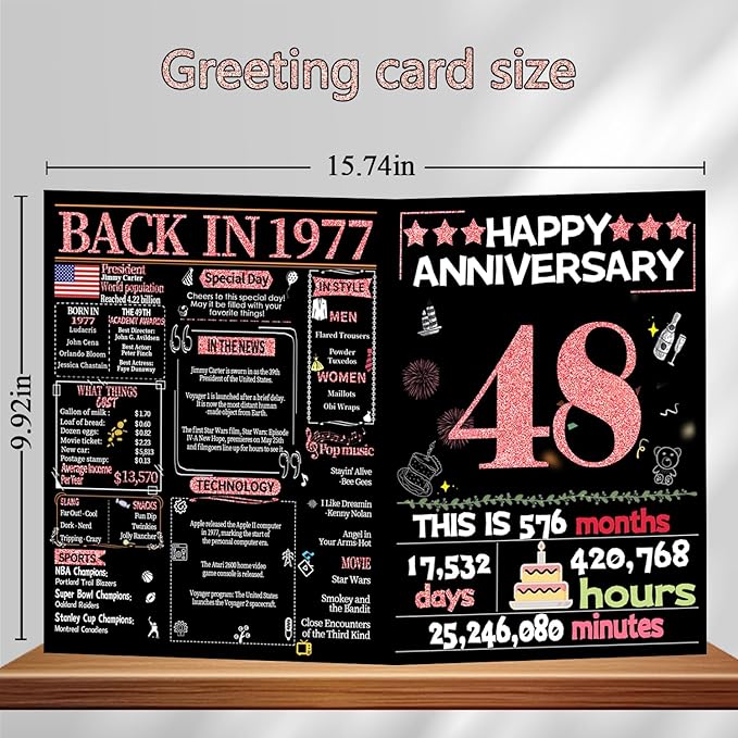 Joycard 48th Anniversary Card for Women, Wedding Card for Wife, Sweet Marriage Decorations Gifts for Couple, Perfect for Her on Anniversary Day, Back in 1977