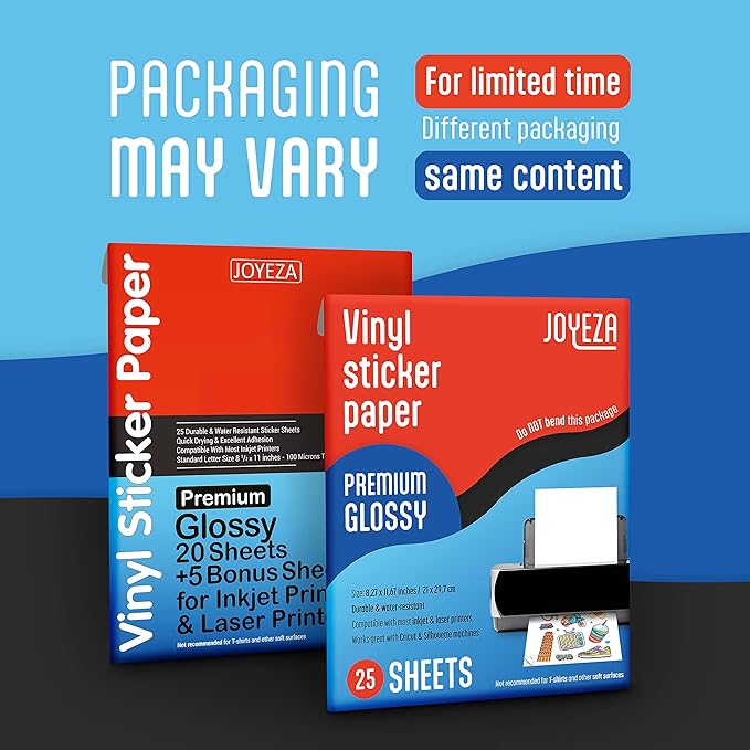 JOYEZA Premium Printable Vinyl Sticker Paper for Inkjet Printer - 25 Sheets Glossy White Waterproof, Dries Quickly Vivid Colors, Holds Ink Well - Inkjet & Laser Printer
