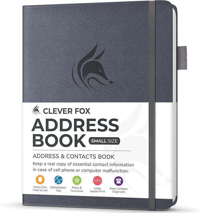 Clever Fox Address Book with alphabetic tabs - PU Leather Telephone and Address Book for Keeping Contacts Safe, Contact Organizer Journal, Small Size (4.0″ x 5.5″), Hardcover, Silver Black