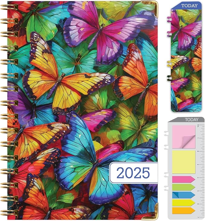 HARDCOVER 2025 Planner, 5.5"x8": 14 Months (November 2024 - December 2025), Daily Weekly Monthly Planner, Yearly Agenda, Bookmark, Pocket Folder and Sticky Note Set (Colorful Butterflies)