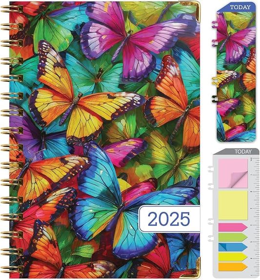 HARDCOVER 2025 Planner, 5.5"x8": 14 Months (November 2024 - December 2025), Daily Weekly Monthly Planner, Yearly Agenda, Bookmark, Pocket Folder and Sticky Note Set (Colorful Butterflies)