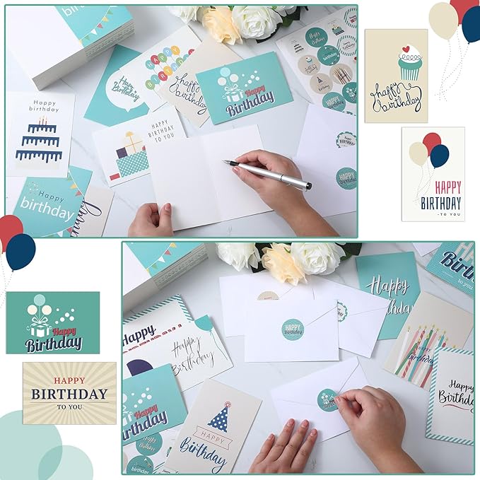 Harloon 200 Pack Happy Birthday Card Assorted Bulk with Blank Envelopes and Stickers 4 x 6 Inches Greeting Blank Happy Birthday Cards for Men Women Adults Kids, 20 Styles(Elegant Style)
