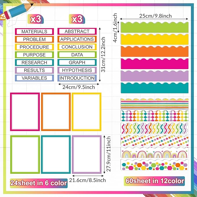 90 Pcs Science Fair Board Supplies 60 Trim Scalloped Bulletin Board Borders 24 Presentation Board Subtitles 6 Science Fair Titles for Classroom Display Boards(Colorful)