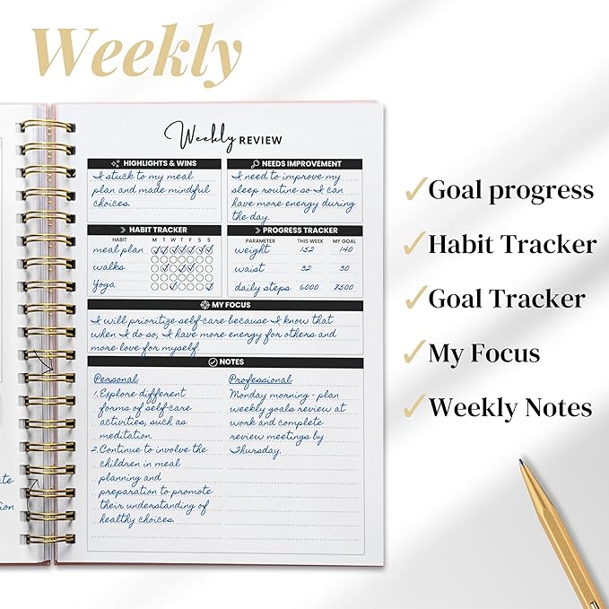 Life & Apples Wellness Planner Pro for Healthy Living - with Agenda, Food Journal, Gratitude, Fitness and Self-Care - Track Weight Loss Diet, Physical and Mental Health Goals - Undated, Rose Gold