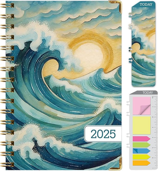HARDCOVER 2025 Planner, 5.5"x8": 14 Months (November 2024 - December 2025), Daily Weekly Monthly Planner, Yearly Agenda, Bookmark, Pocket Folder and Sticky Note Set (Ocean Waves)