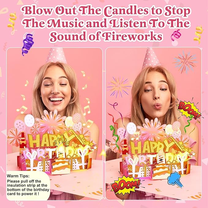 Elegant 3D Pop-Up Birthday Card with LED Lights – Blowable Candle & Music Greeting Card for Women, Mom, Daughter Pink Gold