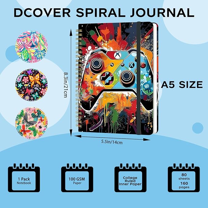 Yoiilifee Spiral Notebook - A5 Spiral Notebooks, 8.3'' × 5.8'', 160 Pages, Aesthetic Journaling Notebooks for Women, College Lined Notebook with Elastic Closure, Back Pocket, for School Office, GameA