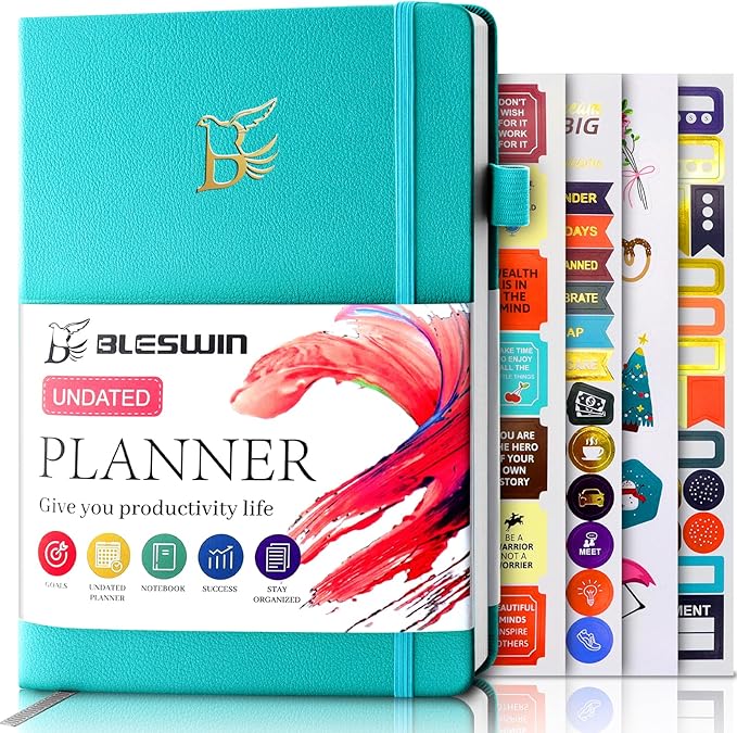 BLESWIN A5 Undated Planner, Undated Weekly Monthly Planner 5.7”x8.5”, Leather Weekly & Monthly Planner Undated, Organizer Planner for Work or Personal Use with Elastic Closure, Pen Loop, Stickers