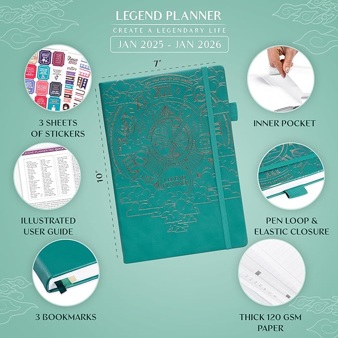 Legend Planner PRO Dated Jan 2025-Jan 2026 – Deluxe Weekly & Daily Organizer with Time Slots. Appointment Book Journal for Work & Time Management, A4 Hardcover (Viridian Green)
