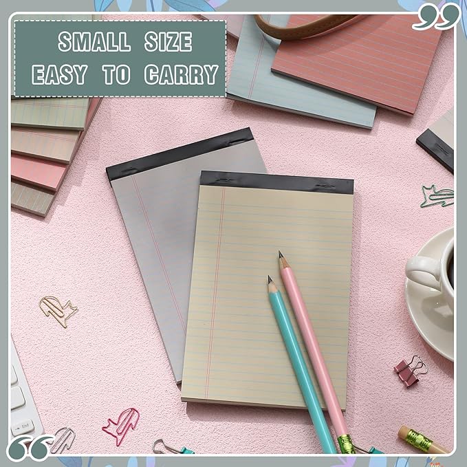 Lincia 12 Pcs 5" x 8" Colored Note Pads Mini Legal Pads Ruled 50 Sheets Per Micro Writing Pads Perforated and Lined for College Office Supplies (Fresh Colors)