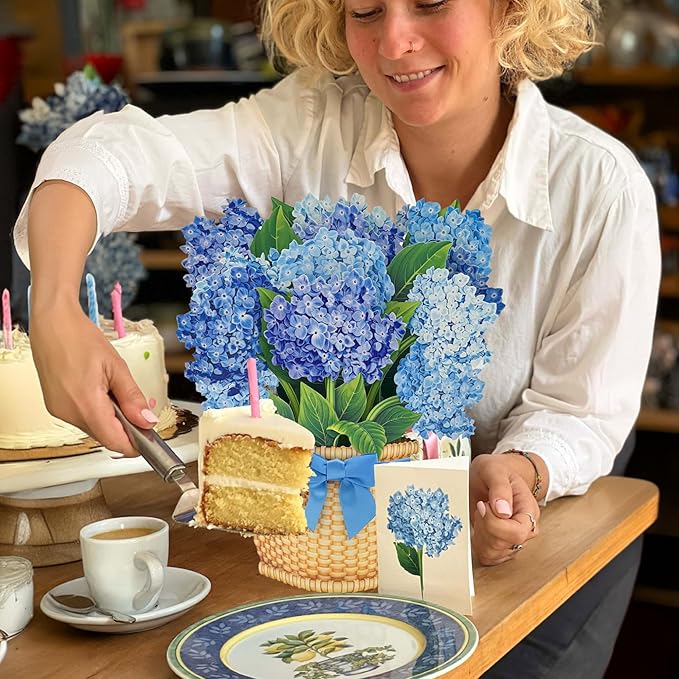 Freshcut Paper Pop Up Cards, Nantucket Hydrangeas, 12 Inch Life Sized Forever Flower Bouquet 3D Popup Greeting Card, Birthday Cards, Thank You Card, Blank Notecard & Envelope