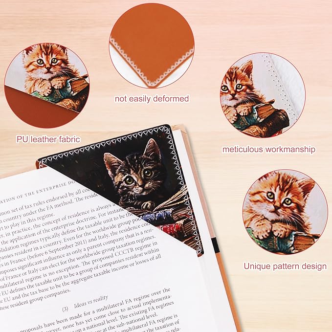 4 Pieces Leather Bookmarks, Cute Book Accessories for Reading Lovers, Page Markers for Women Men Kids Students Teachers Retirement Birthday Gift (Cute Cat)