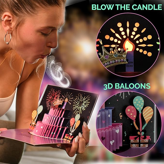 3D Pop Up Happy Birthday Cards for Men – LED Fireworks & Music with Blow The Candle, Gold Crown, 3D Balloons, Blue Design - Happy Birthday Card for Him - Dad, Husband, Boys & Son (8.27" x 5.27")