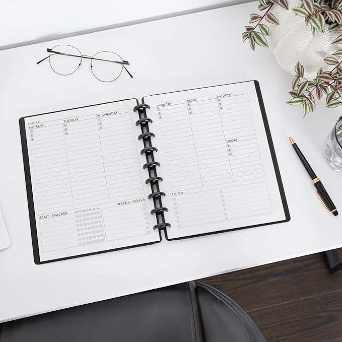 Discbound Undated Weekly Plan Paper Refill, 120 GSM, 80 Sheets/160 Pages, Happy Planner 9 Disc Pre-Punched Inserts, Loose Leaf, White, 7 inch x 9.25 Inch, To-Do, Notes, Habit Tracker, and Scheduling