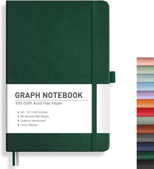 RETTACY Graph Paper Notebook, A5 Grid Notebook Journal with 192 Pages, 5.7'' × 8.3'', Medium Size, Leather Hardcover, 100 GSM Thick Paper, for Students, Homework, Math, Engineering (Dark Green)