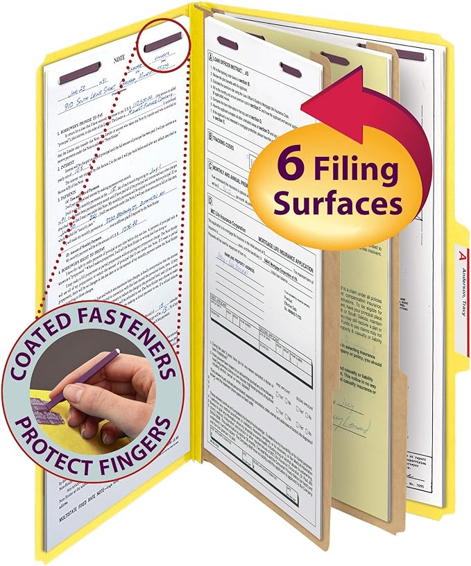 Smead Pressboard Classification File Folder with SafeSHIELD Fasteners, 2 Dividers, 2" Expansion, Legal Size, Yellow, 10 per Box (19034)