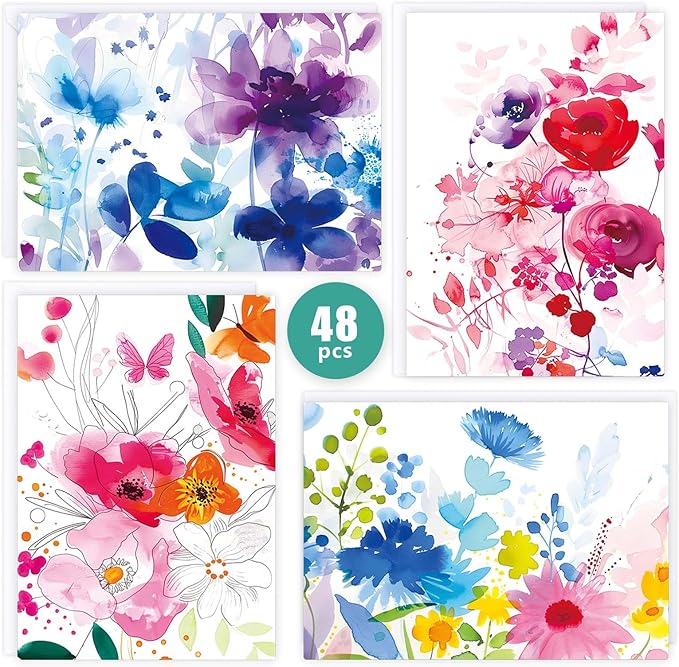 48 Pack Blank Cards and Envelopes, Watercolor Flowers Blank Greeting Cards, Blank Cards for All Occasion
