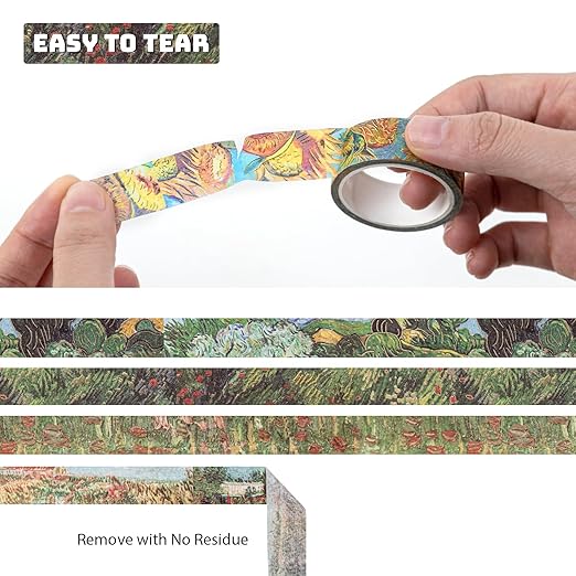 Lychii Washi Tape Set, 12 Rolls Gold Foil Van Gogh Oil Painting Patterns 5M/16.4Ft Long Decorative Masking Tapes for Planners, Calendar, Scrapbook, Journal - 15 mm